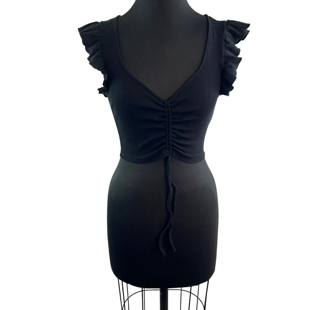ZARA Black Cropped Top Tie-Up Deep V-Neck Ruffle Sleeve Pullover Size Medium M
